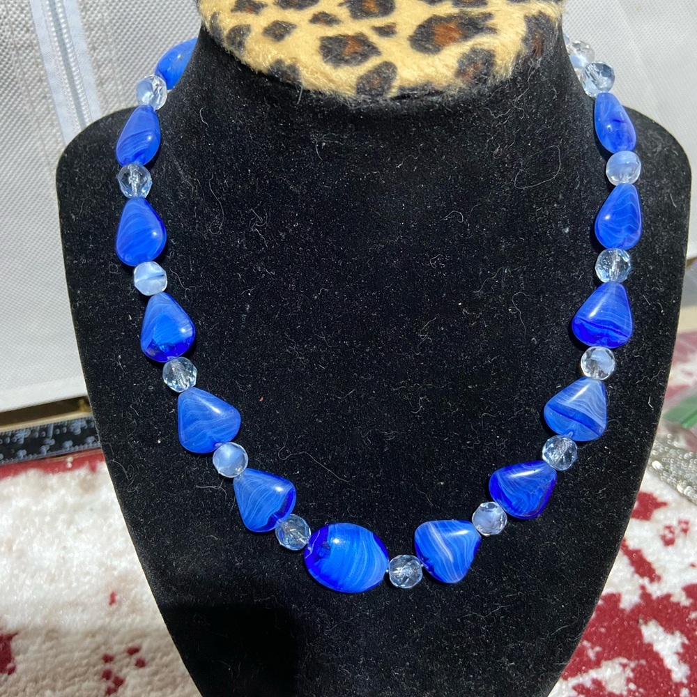 Cobalt Blue Swirl Art Glass Necklace Clear Bead Spacers